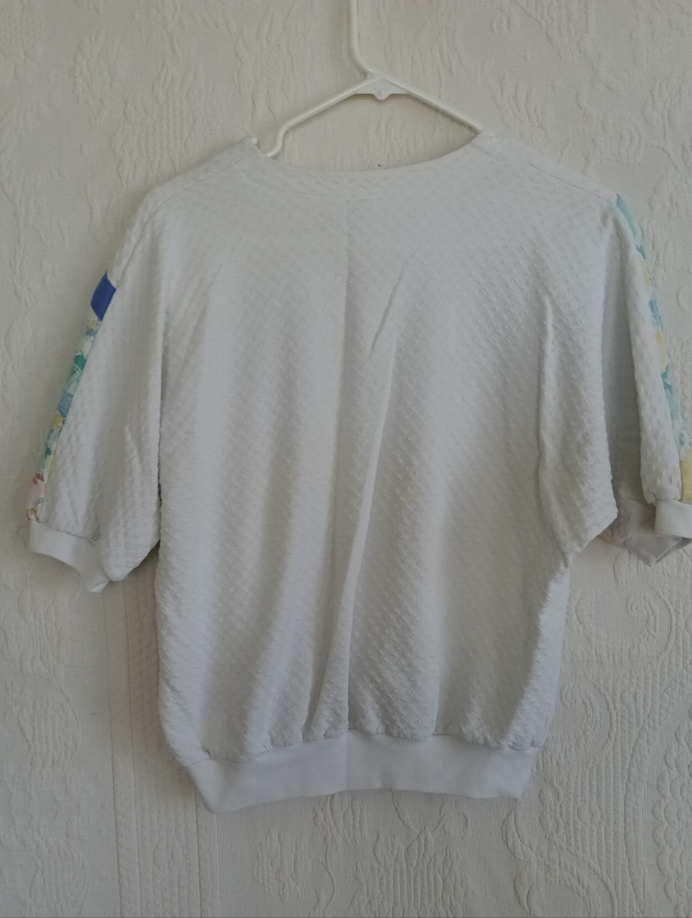 Koret White Floral Panel Colorblock Sweater Vintage Pastel Pink Blue Textured LG - Picture 9 of 12